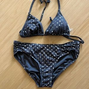 ANNE COLE BIKINI GRAY WITH SILVER POLKA DOTS TOP TIES AROUND BUST & NECK SMALL